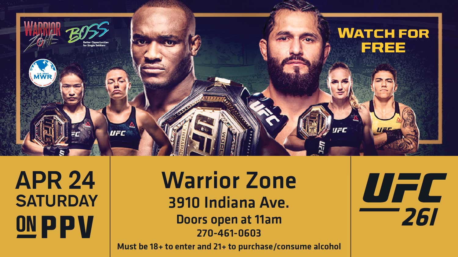 Calendar of Watch UFC #261 with BOSS at Warrior Zone Ft