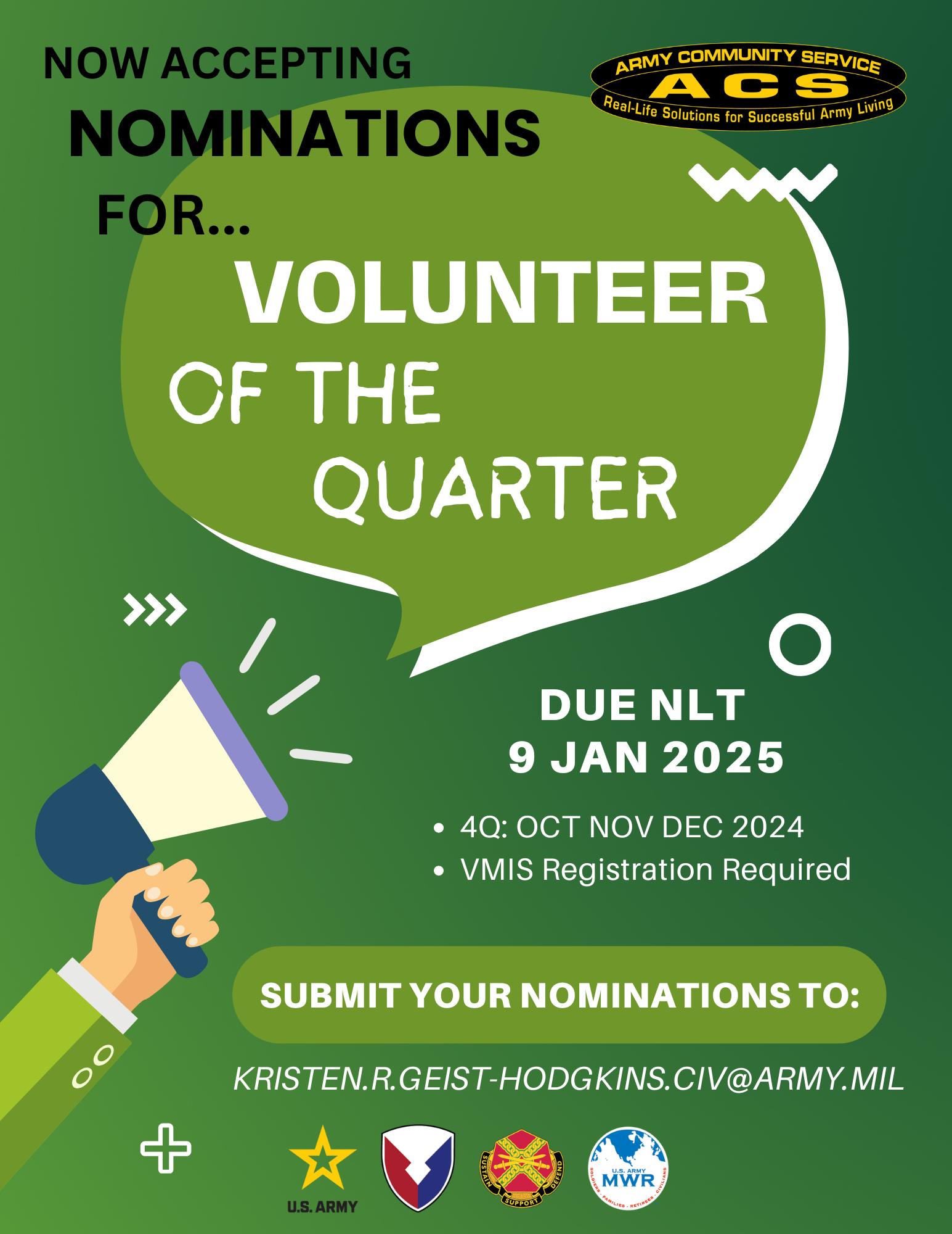 Fort Campbell ACS Volunteer of the Quarter Nominations (Nov-Dec 2024) Due NLT 9 Jan 2025